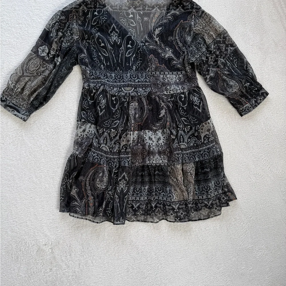 ZARA Boho Paisley Tiered Mini Dress Size M Sheer Long Sleeve Babydoll Tunic - Picture 10 of 16